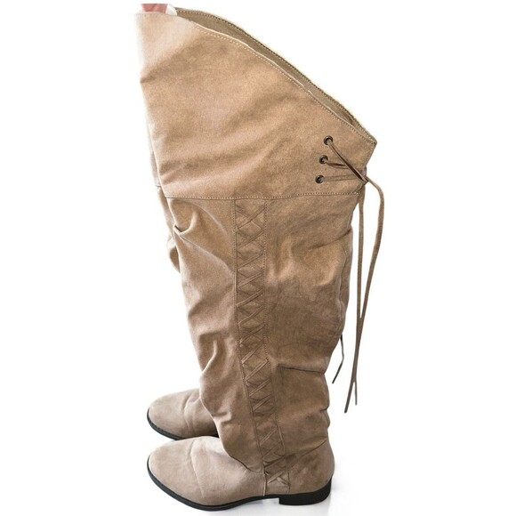 Womens Over The Knee Boots 8.5 Tan Suede Lace Back Flat Riding Slouchy Tall Boot - Picture 3 of 14